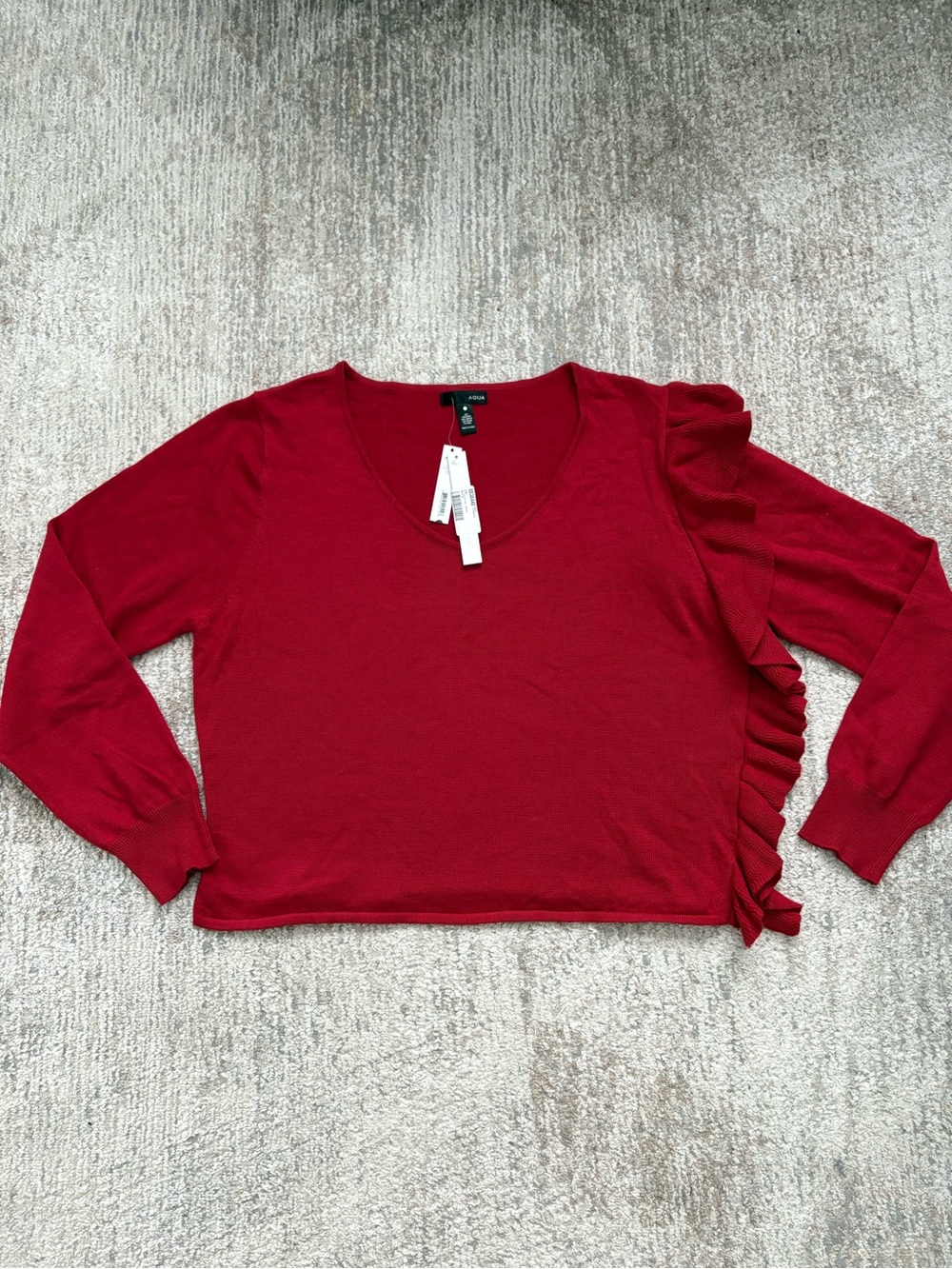 Aqua Red V-Neck Ruffle-Side Sweater